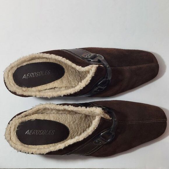AEROSOLES Womens Mules Size 9M Brown Suede and Vegan Leather Heel Clogs Fleece - Picture 6 of 9